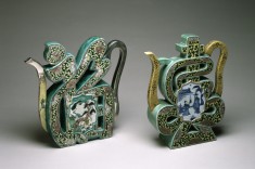 Pair of "Famille Verte" Wine Pots in the Form of the Characters