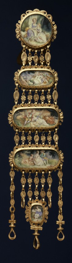 Chatelaine and Watch Depicting a Young Couple Interrupted by a Farmer