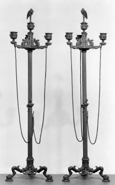 Candelabra with Three Branches, Chains, and a Stork Finial