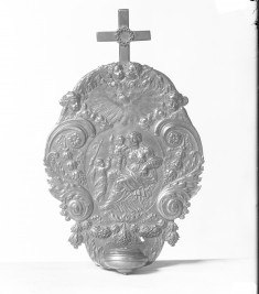 Holy water stoop with relief; Virgin and child with St. John