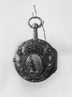 Watch with an enamel panel of a youth and a woman before an alter