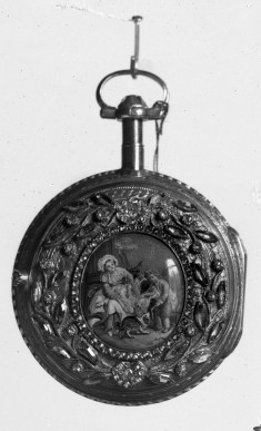 Watch with an enamel panel of a genre scene