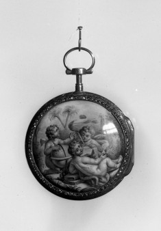 Watch with a painted enamel scene of putti and a child in a landscape