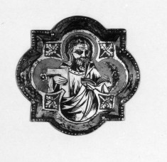 Apostle holding l-shaped object