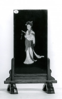 Lacquer table screen & wooden stand; Female figure with poem on reverse