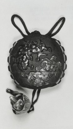 Inro with Lions and Elephant, Netsuke of Badger Sitting in Lotus Leaf