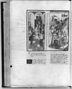 Leaf from Chroniques des Rois de France: Baptism of Louis IX (Left) and Receiving Homage (Right)