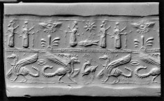 Cylinder Seal with Griffins, Humans and a Winged Disk