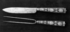 Knife and Fork with Stained Green Bone Handles and Silver Appliques