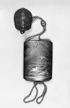 Inro with Cranes Soaring by Mount Fuji, and Netsuke of a Turtle