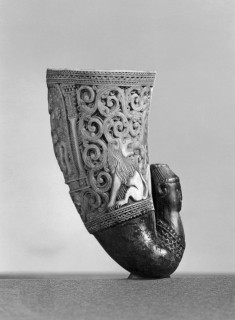 Carved Ram's Horn Cup with Lions and Mounted Rider