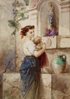 Young Woman with Baby Beside Wall