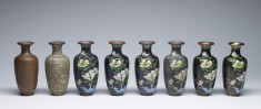 Set of Eight Enamel Vases Depicting the Stages of Cloisonné Enamel in a Fitted Box
