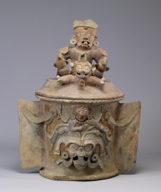 Maya Polychrome Lidded Urn with Seated Figure