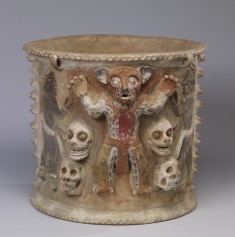 Polychrome Figural Urn with Jaguars and Skulls