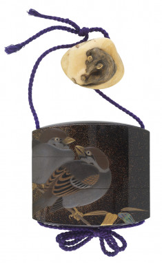 Inro with Two Sparrows on Bamboo with Netsuke of a Rat on a Clam Shell