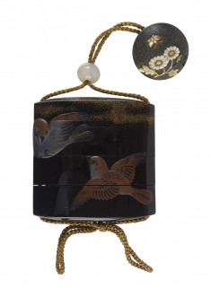 Inro with Three Flying Sparrows; Netsuke with Butterfly and Chrysanthemum