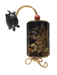 Inro with Flowering Autumn Grasses, Fireflies, and Crickets; Netsuke of a Turtle