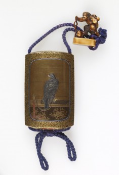 Inro with Hawk on its Perch and Netsuke with Gama Sennin and a Toad