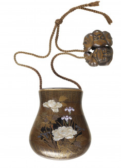 Inro with Flowers on Basketwork Pattern; Netsuke of Seven Masks