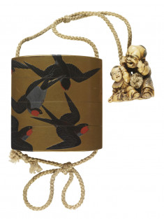 Inro with Seven Flying Swallows; Netsuke of a Boy with a Mask and an Infant