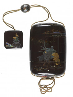 Inro with Cranes in a Stream and the Moon Rising; Netsuke with Flowering Plants