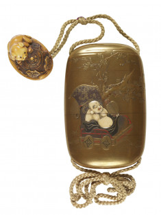 Inro with Hotei, Crane, and Children; Netsuke of a Puppy, Gourd Vine, and Straw Snow Protector