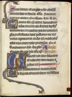 Initial C with Queen of Sheba Making Sign of Cross with Two Knobbed Sticks