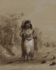 Indian Girl with Papoose Crossing Stream