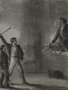 Two Boys with Raised Sticks as Man and Dogs Peer from a Window