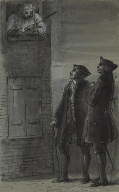 Johnson Addressing Two Men from Window (from James Boswell, Life of Samuel Johnson, 1791)