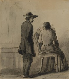 Man Standing Behind Another Seated Reading Newspaper