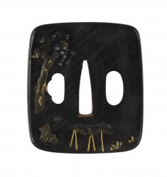 Tsuba with Temple Bell and Sparrows