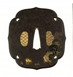 Tsuba with Rooster, Hen, and Chick with Autumn Flowers