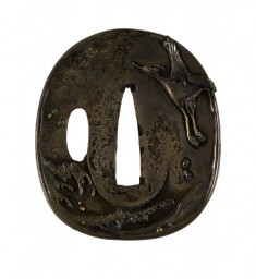 Tsuba with a Crane Soaring over Waves