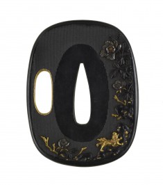 Tsuba with a Chinese Lion on Rocks under Peonies