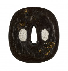 Tsuba with Buddha and Demon in Mountains