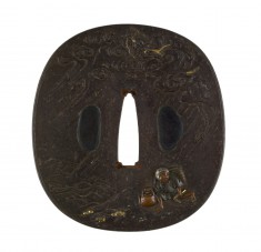 Tsuba with a Tea-leaf Harvester Caught in a Rainstorm