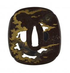 Tsuba with Hawk, Crescent Moon and Clouds