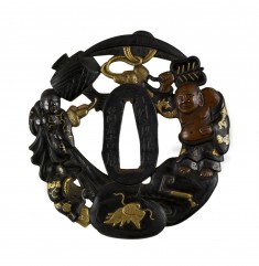 Tsuba with Hotei with Attendants and Treasures