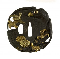 Tsuba with a Hawk, Sparrows and Chrysanthemums