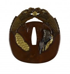 Tsuba with a Fox in Buddhist Robes Inside a Gong ("Mokugyo")