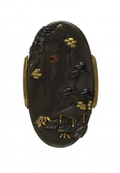 Kashira with a Thatched Hut and a Waterfall