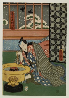 Kasugaya Tokijiro and Yamanaya Urasato by a Hibachi as Snow Falls Outside
