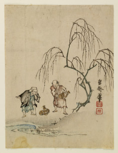 Two men with jugs by a stream