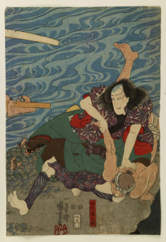 Teranishi Kanshin in kago is carried across river, Nakano Tobei fights on bank