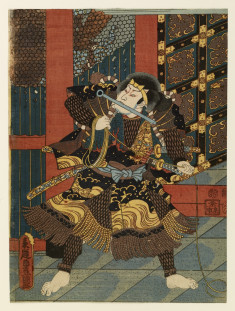 Man at temple gate with a bar in his mouth