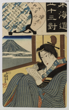 Woman reading, view of Mount Fuji