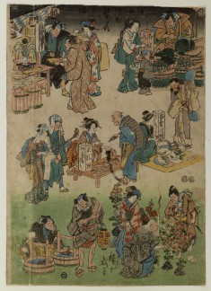 Festival Scene: Fan Seller, Geta Seller, Mum Seller, and Goldfish Seller