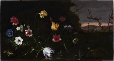 Flowers by a Pond with Frogs